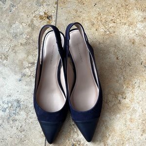 Banana Republic Purple/Navy leather & suede pointed sling backs, low Bloch heal